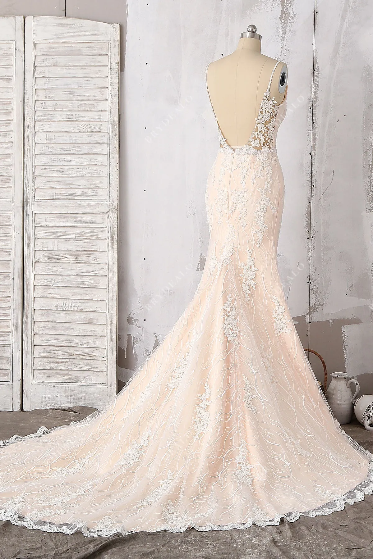 Beaded Lace Straps Stylish V-back Champagne Mermaid Bridal Dress