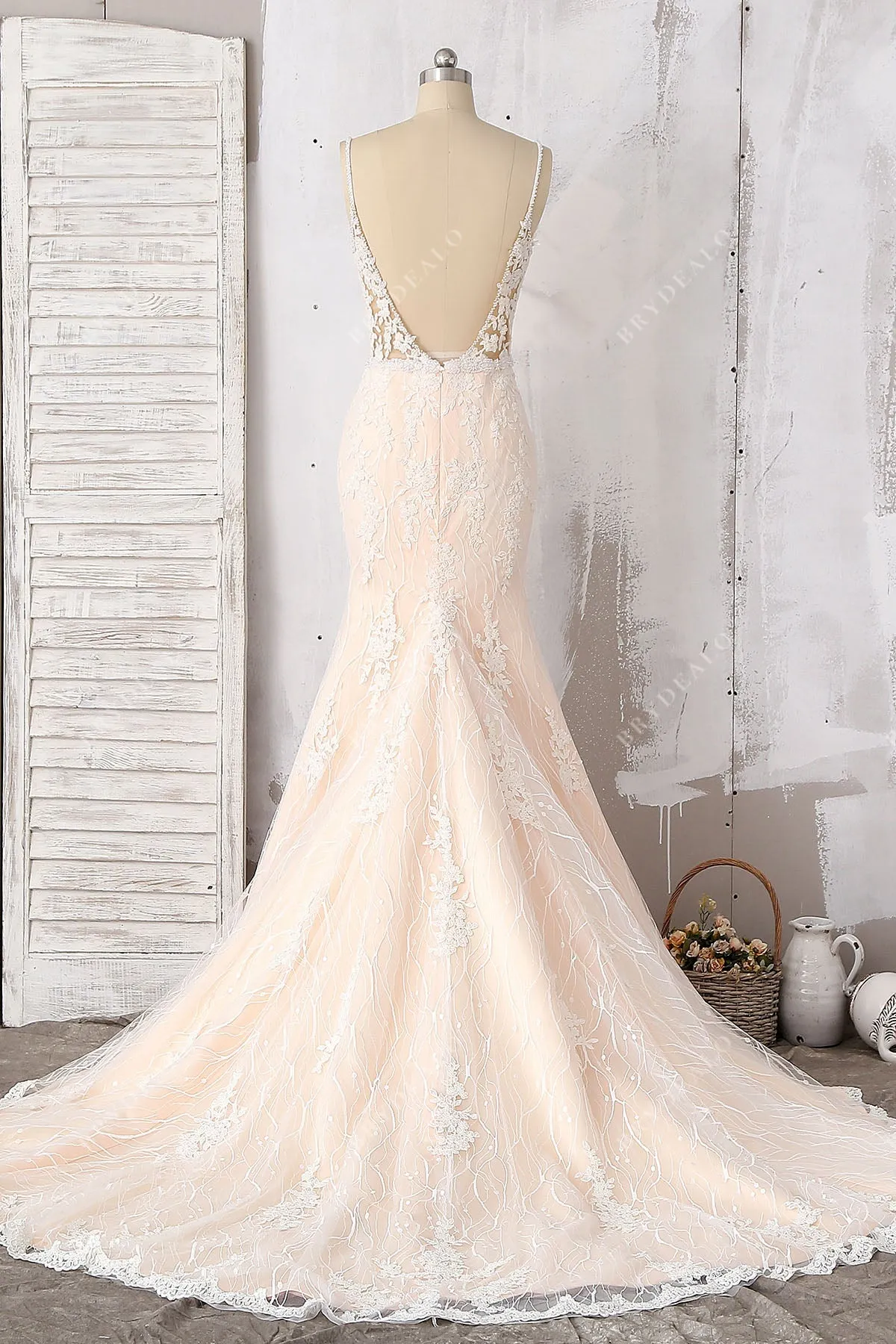 Beaded Lace Straps Stylish V-back Champagne Mermaid Bridal Dress
