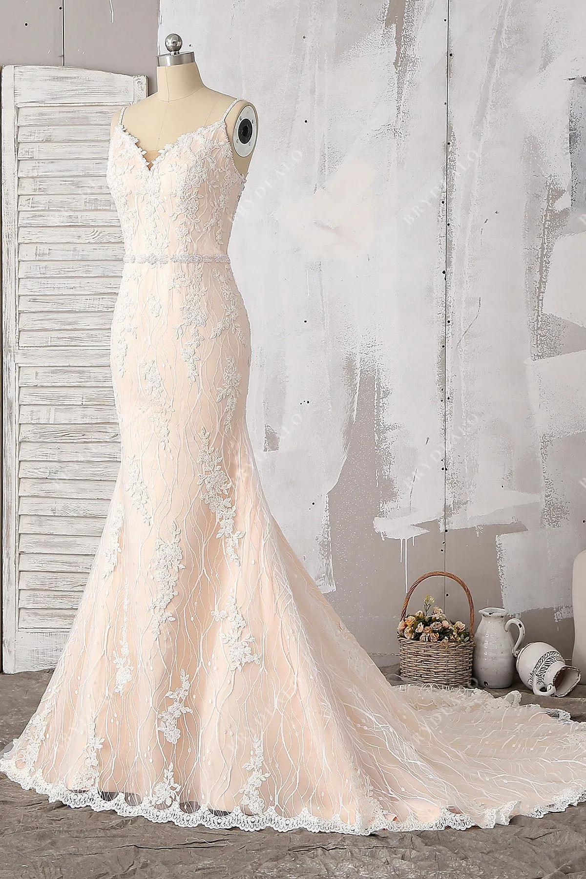 Beaded Lace Straps Stylish V-back Champagne Mermaid Bridal Dress