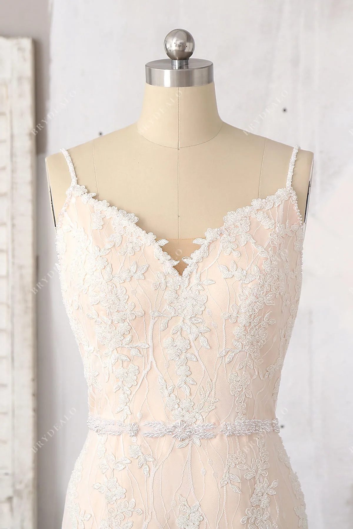Beaded Lace Straps Stylish V-back Champagne Mermaid Bridal Dress