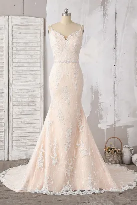 Beaded Lace Straps Stylish V-back Champagne Mermaid Bridal Dress