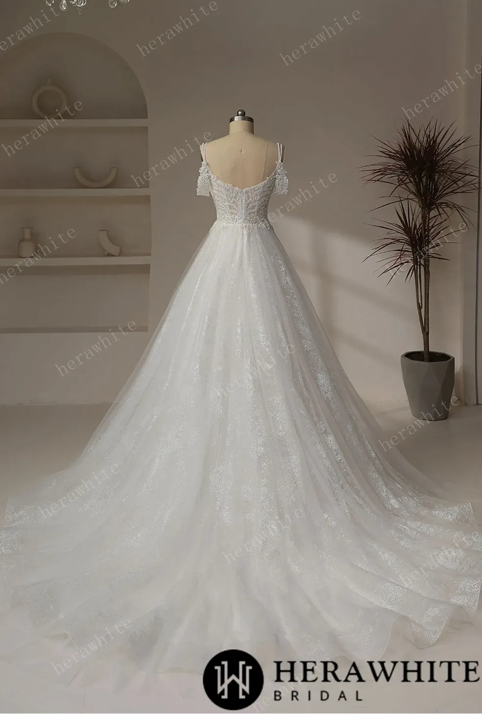 Beaded leaf lace Illusion Bodice With V-neckline Wedding Gown