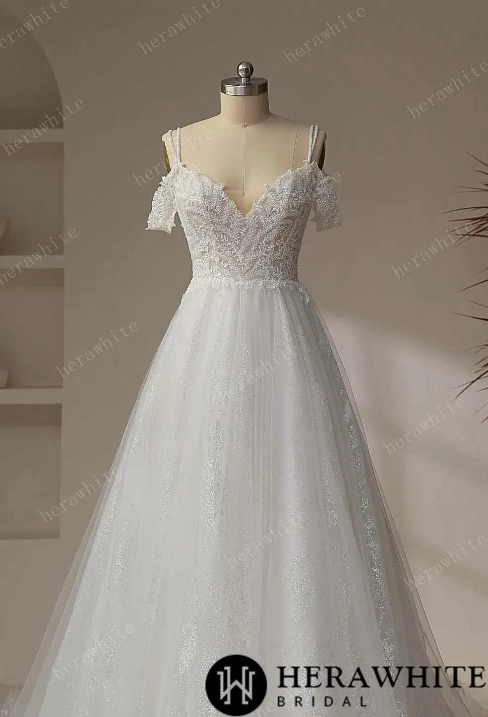 Beaded leaf lace Illusion Bodice With V-neckline Wedding Gown