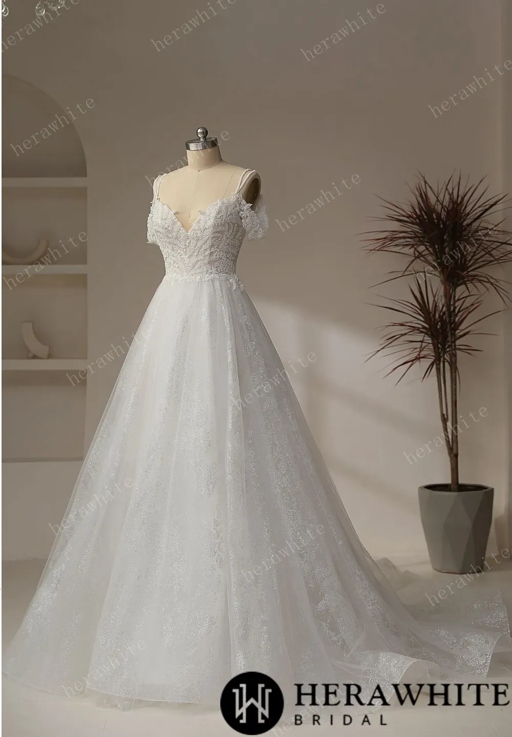 Beaded leaf lace Illusion Bodice With V-neckline Wedding Gown