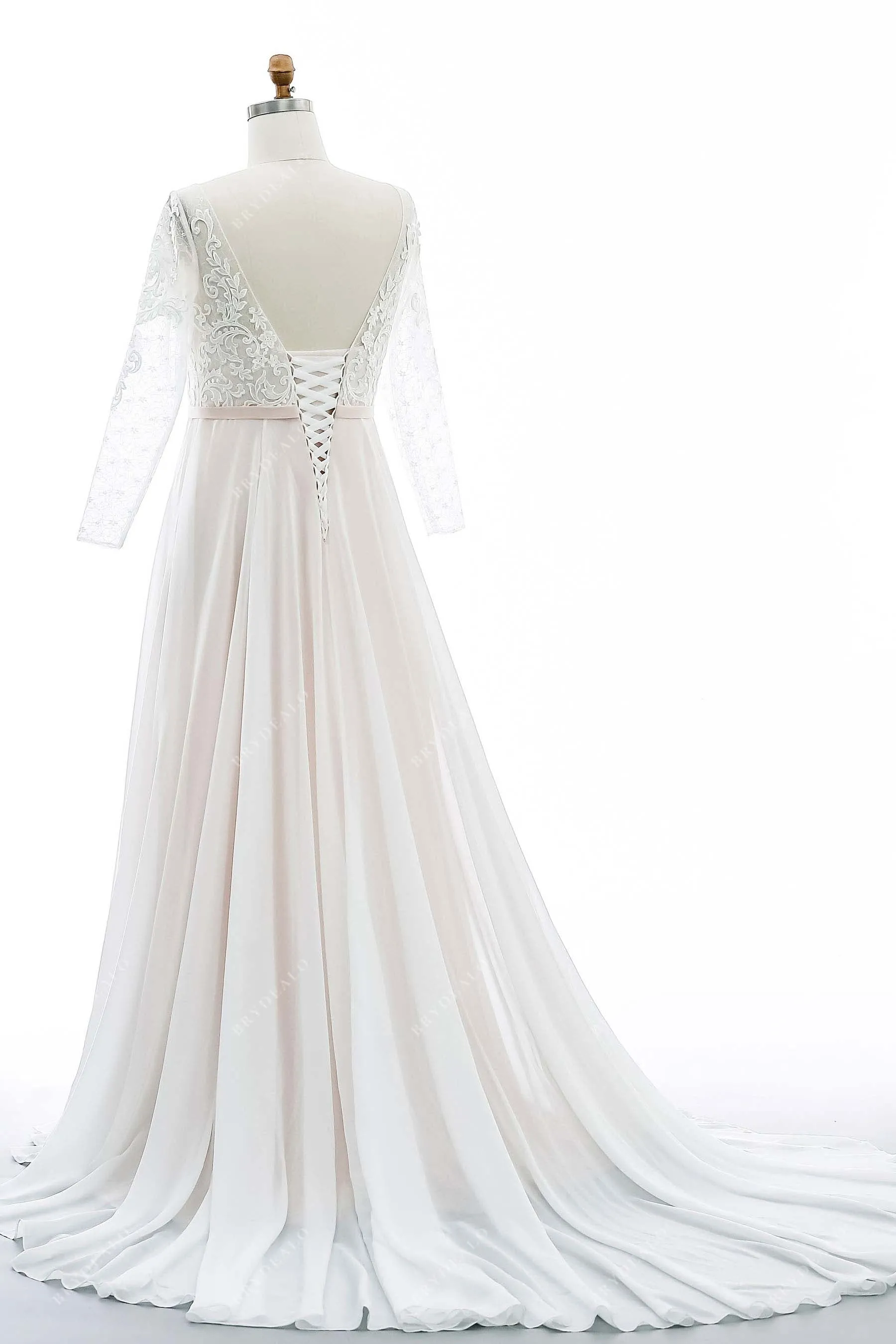 Boho Lace V-neck Flowing Chiffon Pearl Pink Summer Wedding Dress