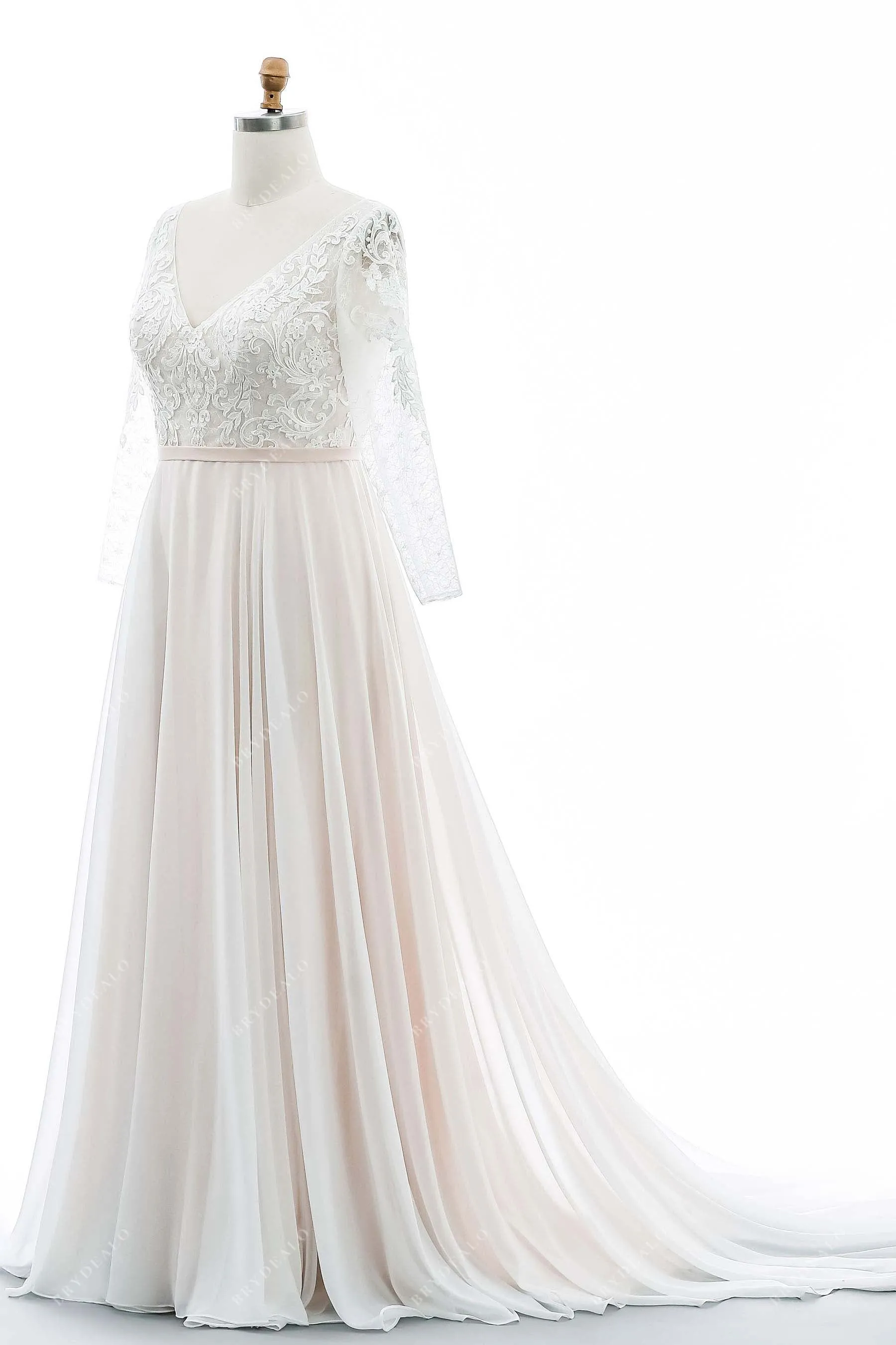 Boho Lace V-neck Flowing Chiffon Pearl Pink Summer Wedding Dress