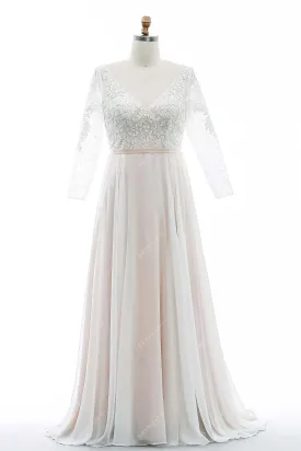 Boho Lace V-neck Flowing Chiffon Pearl Pink Summer Wedding Dress