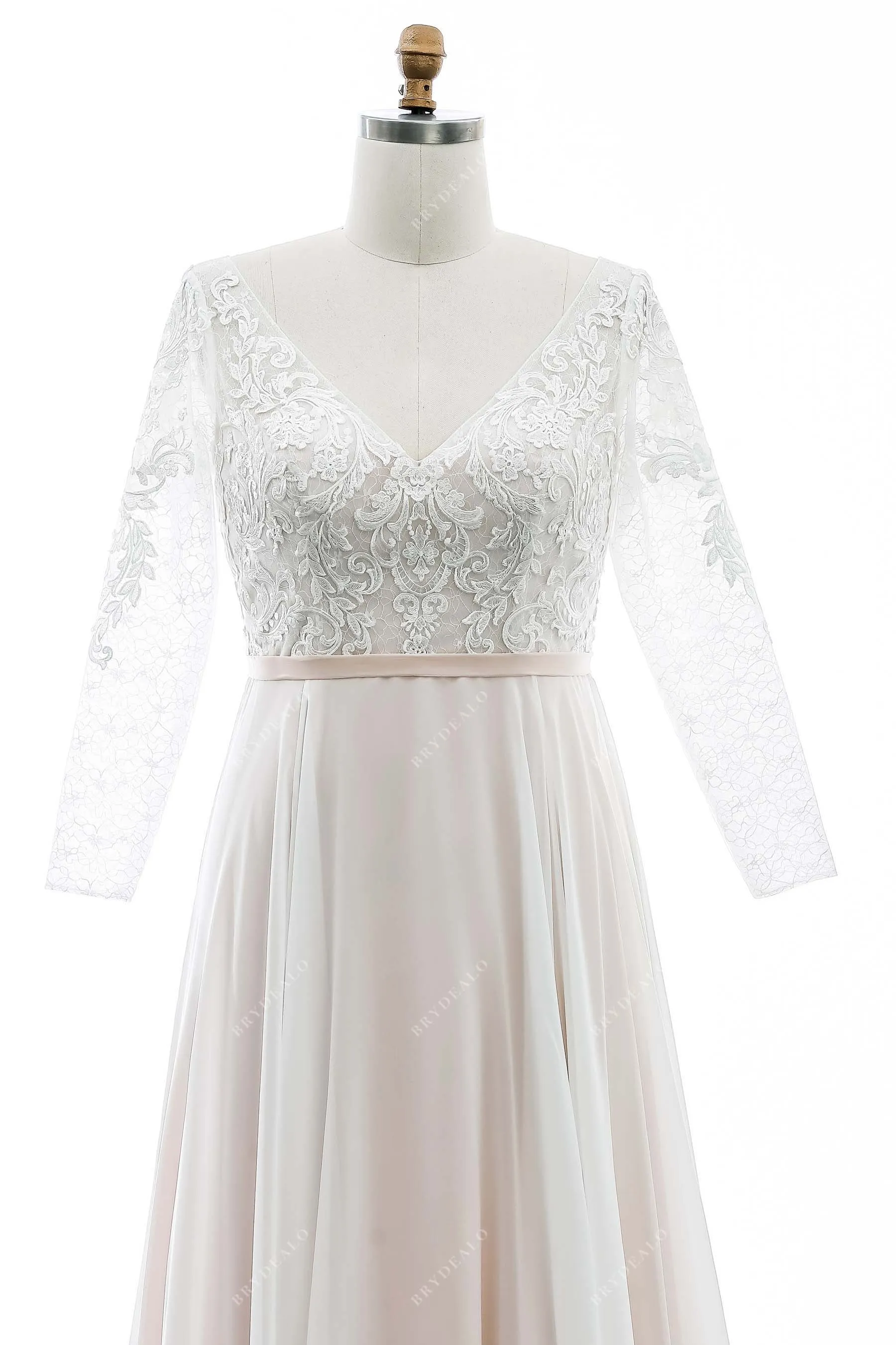 Boho Lace V-neck Flowing Chiffon Pearl Pink Summer Wedding Dress