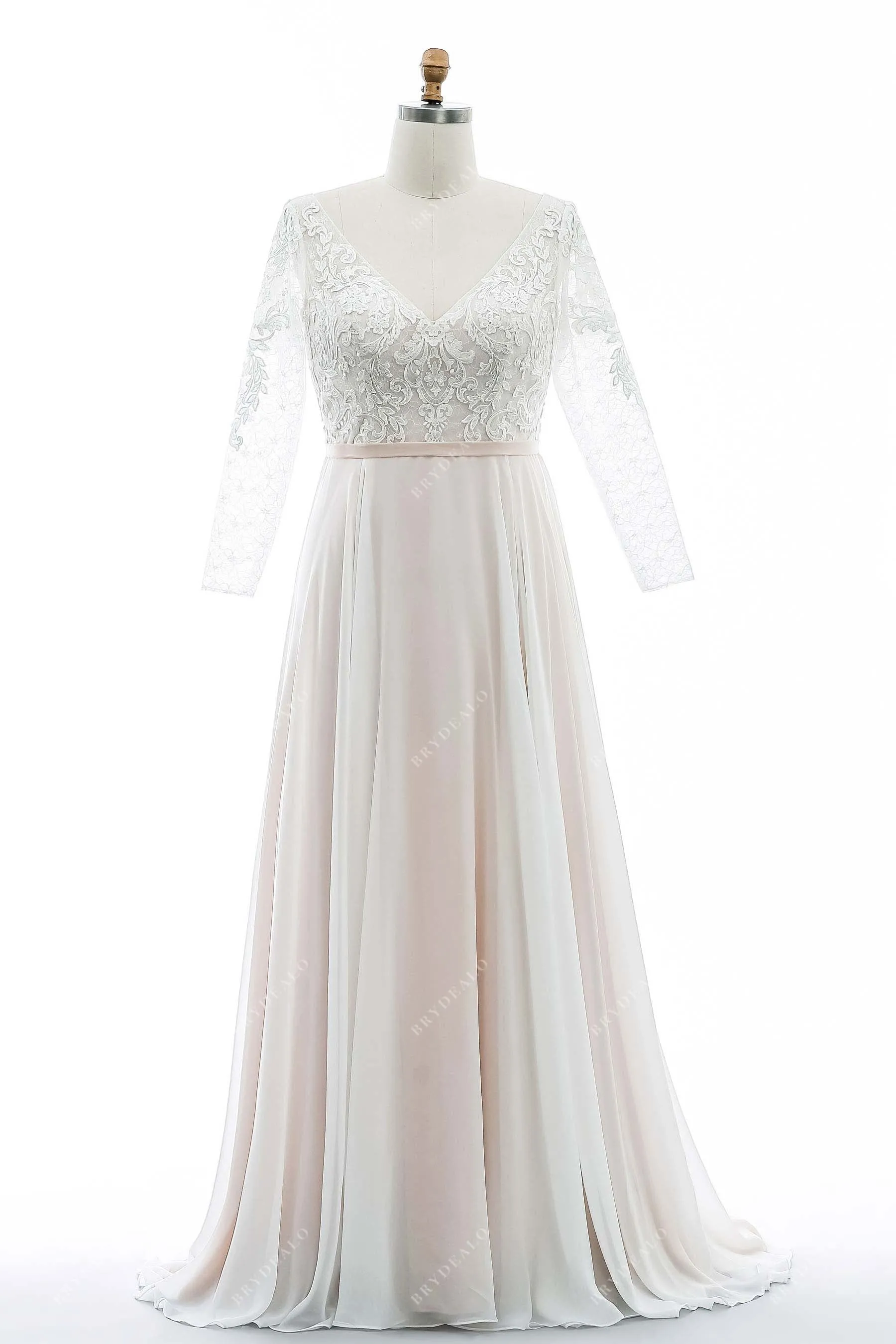 Boho Lace V-neck Flowing Chiffon Pearl Pink Summer Wedding Dress