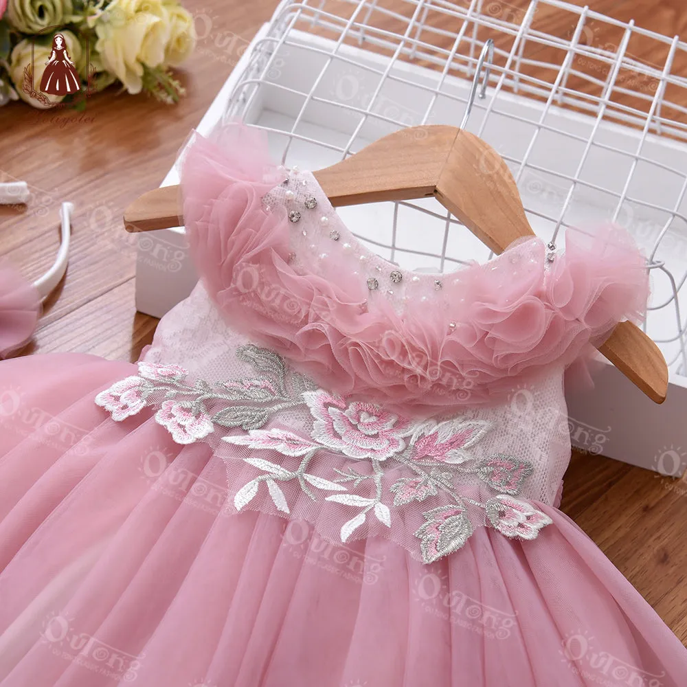 Bos2028 Outong Yoliyolei 6-24-months Summer Pink NewBorn Layered Baby Formal Flower Girl Dress Kid Party Princess Birthday Children Dress