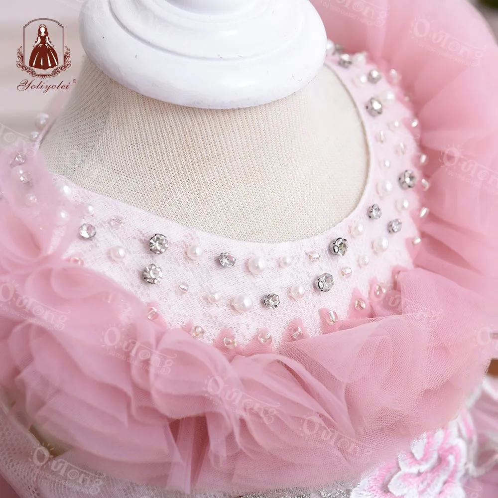 Bos2028 Outong Yoliyolei 6-24-months Summer Pink NewBorn Layered Baby Formal Flower Girl Dress Kid Party Princess Birthday Children Dress