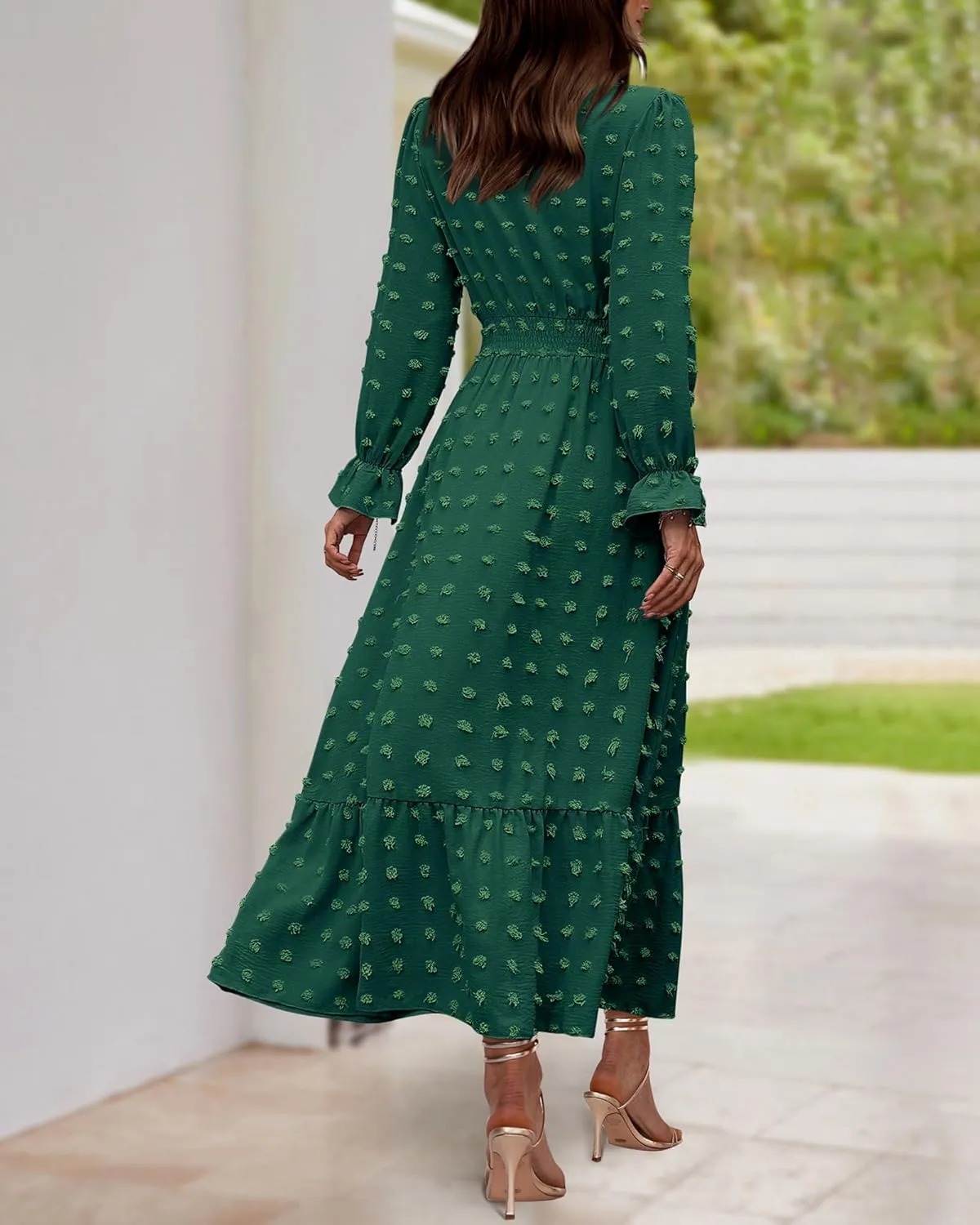 BTFBM Women Fall Maxi Dresses 2025 Long Sleeve V Neck Swiss Dots High Waisted A-Line Ruffle Boho Long Dress Vacation