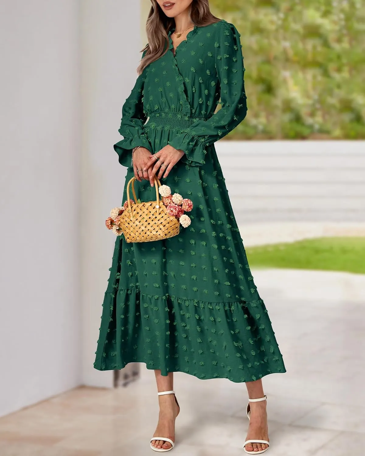 BTFBM Women Fall Maxi Dresses 2025 Long Sleeve V Neck Swiss Dots High Waisted A-Line Ruffle Boho Long Dress Vacation