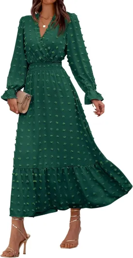BTFBM Women Fall Maxi Dresses 2025 Long Sleeve V Neck Swiss Dots High Waisted A-Line Ruffle Boho Long Dress Vacation