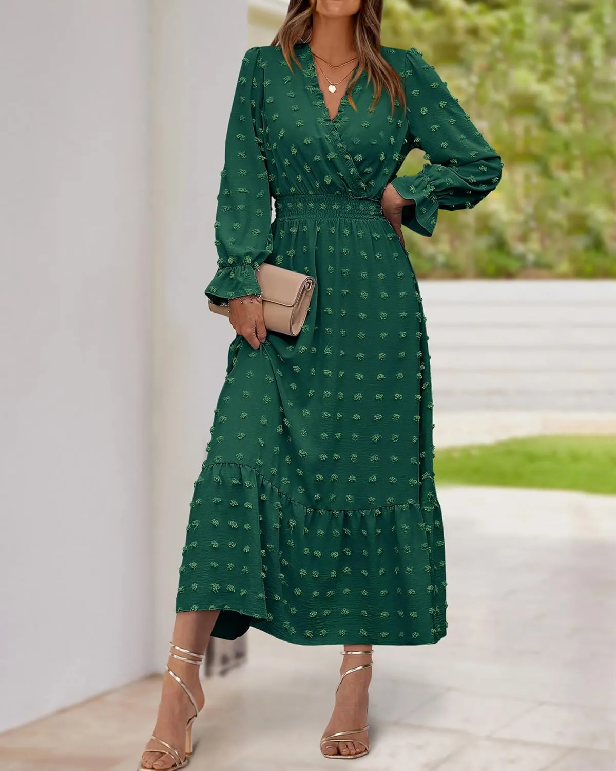 BTFBM Women Fall Maxi Dresses 2025 Long Sleeve V Neck Swiss Dots High Waisted A-Line Ruffle Boho Long Dress Vacation