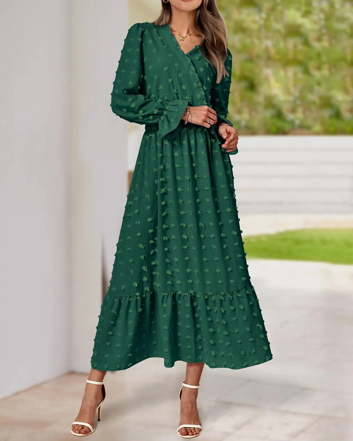 BTFBM Women Fall Maxi Dresses 2025 Long Sleeve V Neck Swiss Dots High Waisted A-Line Ruffle Boho Long Dress Vacation