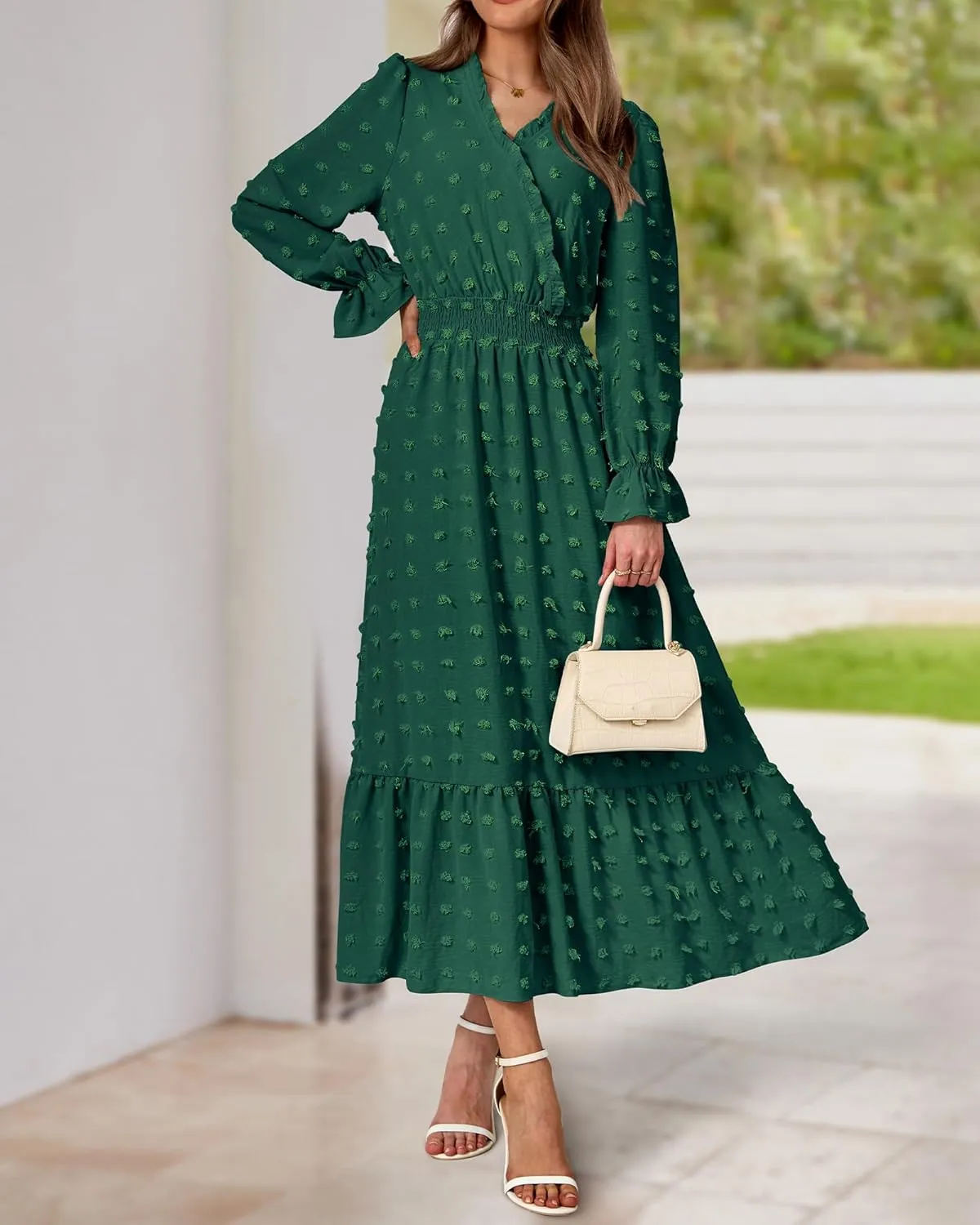 BTFBM Women Fall Maxi Dresses 2025 Long Sleeve V Neck Swiss Dots High Waisted A-Line Ruffle Boho Long Dress Vacation