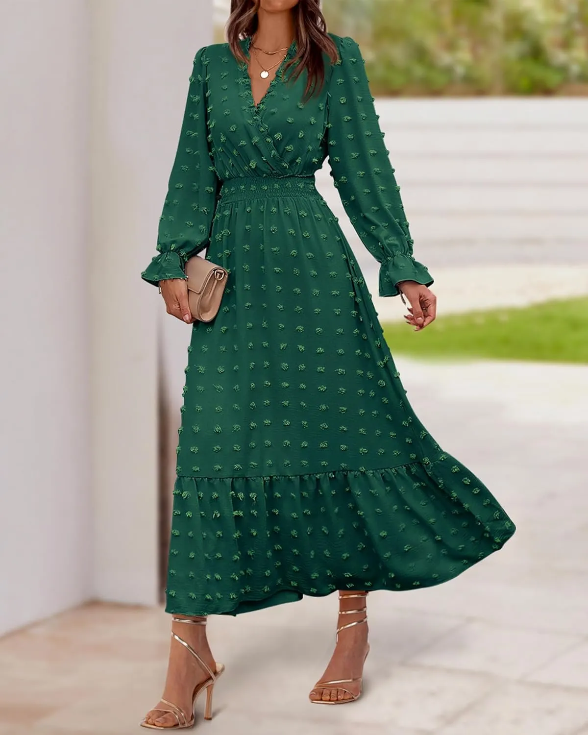BTFBM Women Fall Maxi Dresses 2025 Long Sleeve V Neck Swiss Dots High Waisted A-Line Ruffle Boho Long Dress Vacation