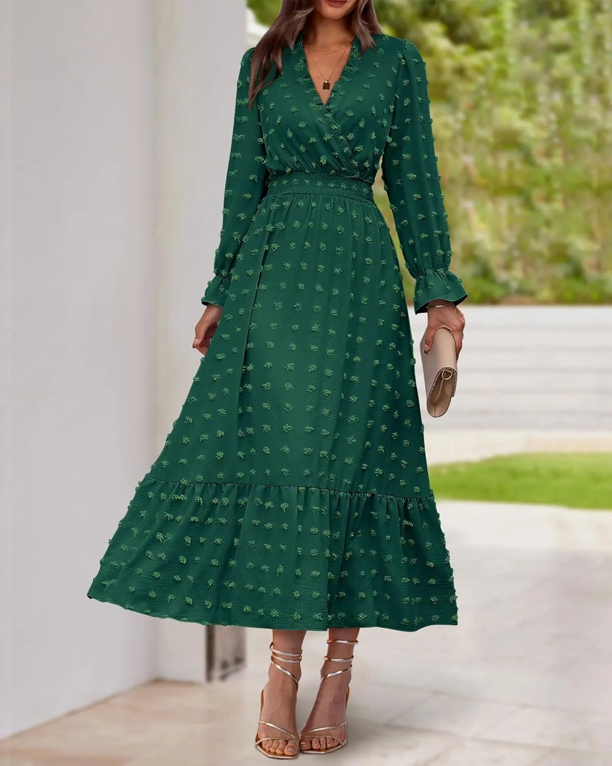BTFBM Women Fall Maxi Dresses 2025 Long Sleeve V Neck Swiss Dots High Waisted A-Line Ruffle Boho Long Dress Vacation