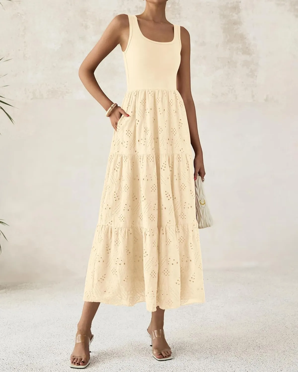 BTFBM Women Summer Eyelet Midi Dresses Casual Spring 2025 Sleeveless A Line Flowy Vacation Beach Wedding Guest Sun Dress