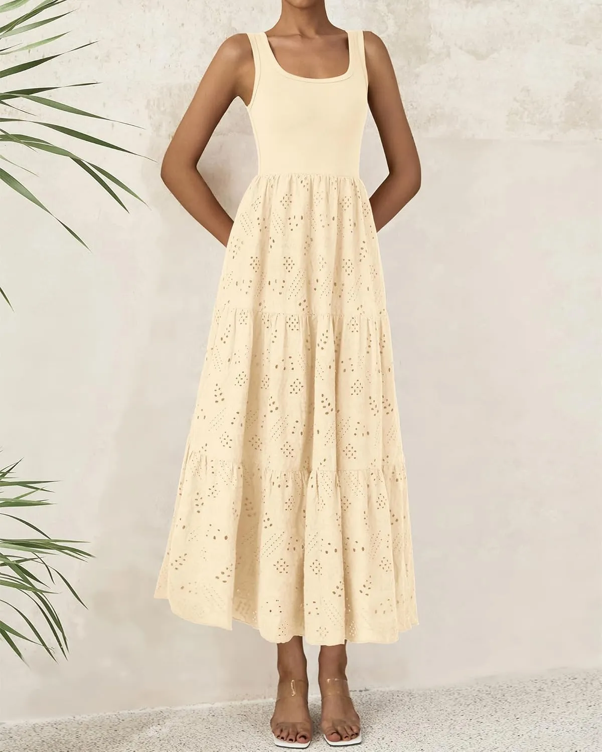 BTFBM Women Summer Eyelet Midi Dresses Casual Spring 2025 Sleeveless A Line Flowy Vacation Beach Wedding Guest Sun Dress