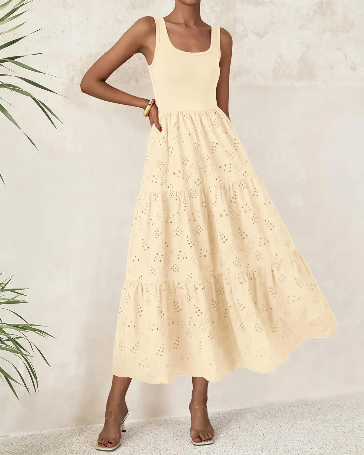 BTFBM Women Summer Eyelet Midi Dresses Casual Spring 2025 Sleeveless A Line Flowy Vacation Beach Wedding Guest Sun Dress