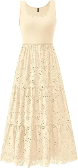 BTFBM Women Summer Eyelet Midi Dresses Casual Spring 2025 Sleeveless A Line Flowy Vacation Beach Wedding Guest Sun Dress