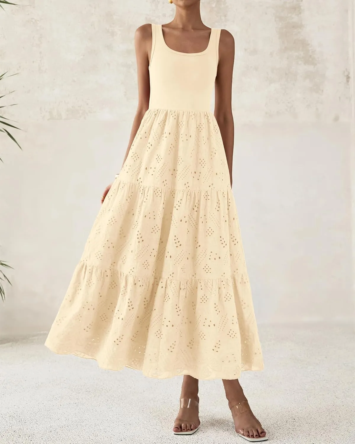 BTFBM Women Summer Eyelet Midi Dresses Casual Spring 2025 Sleeveless A Line Flowy Vacation Beach Wedding Guest Sun Dress