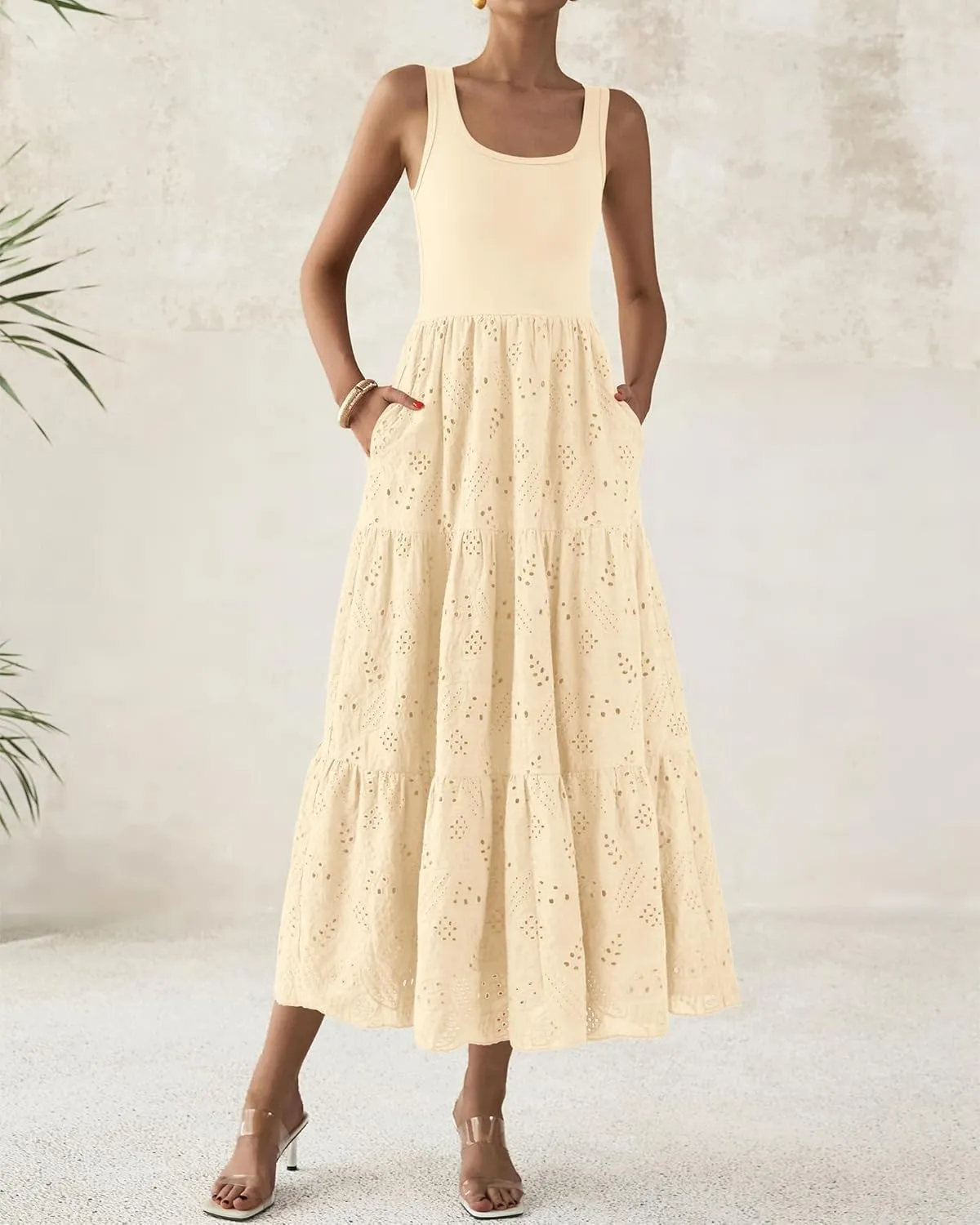 BTFBM Women Summer Eyelet Midi Dresses Casual Spring 2025 Sleeveless A Line Flowy Vacation Beach Wedding Guest Sun Dress