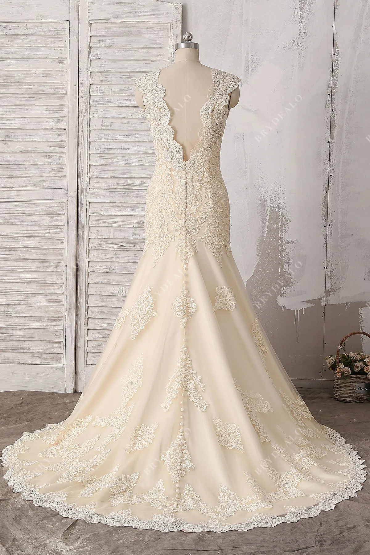 Champagne Lace V-Back Modest Trumpet Wedding Dress