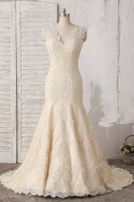 Champagne Lace V-Back Modest Trumpet Wedding Dress