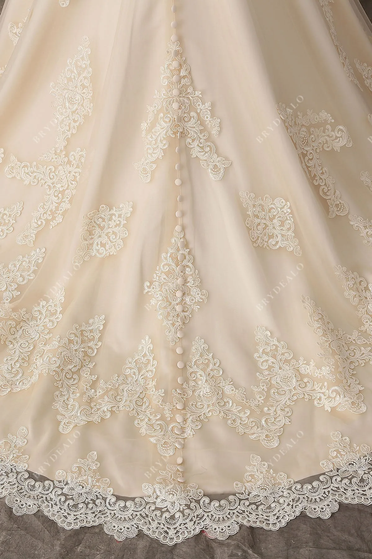Champagne Lace V-Back Modest Trumpet Wedding Dress