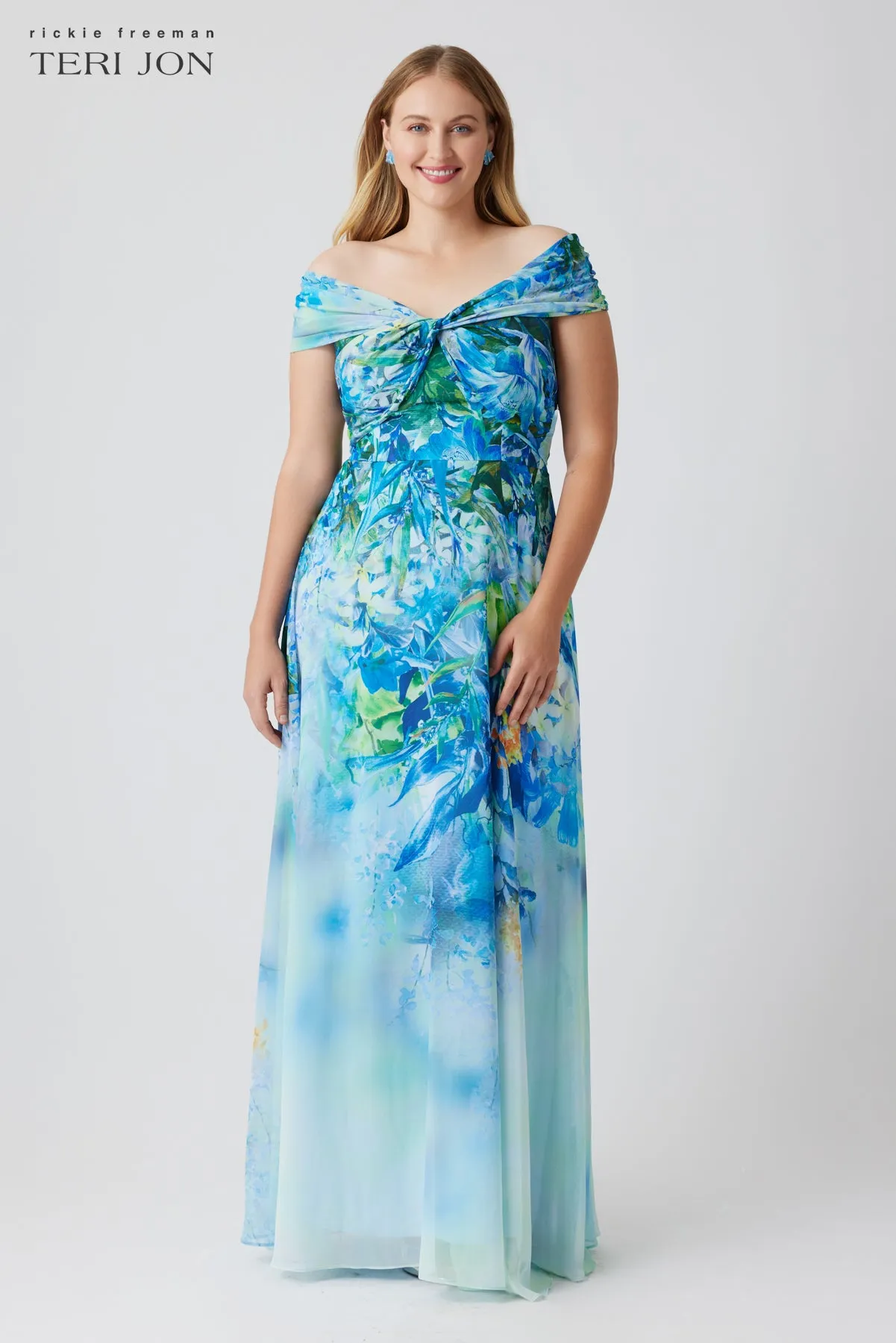 Chiffon Off The Shoulder Print Gown
