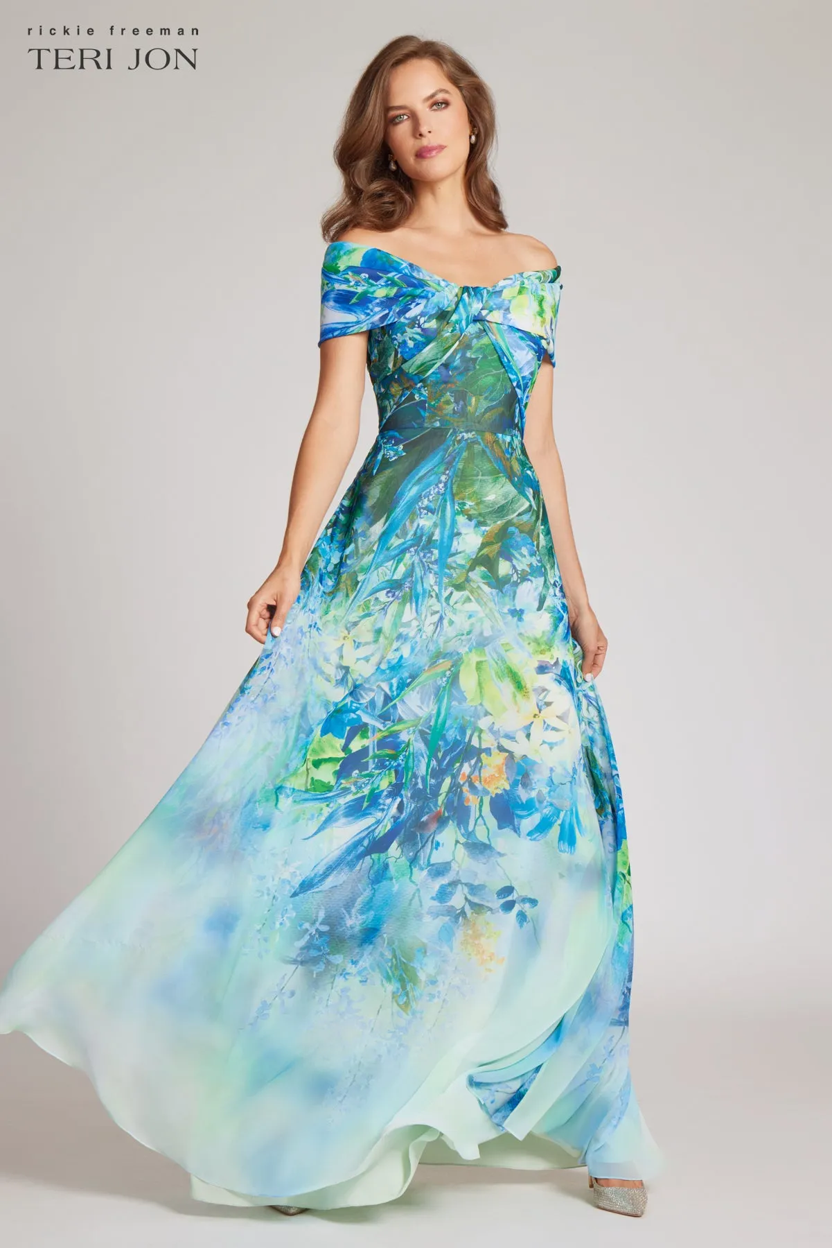 Chiffon Off The Shoulder Print Gown