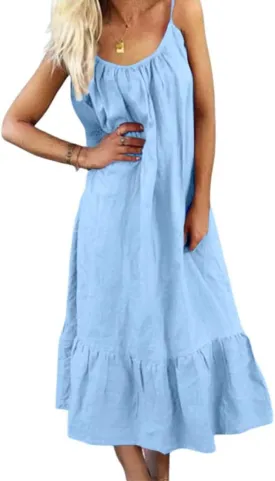 chouyatou Women's Cotton Linen Spaghetti Strap Beach Dress Casual Loose A-Line Midi Long Sundress