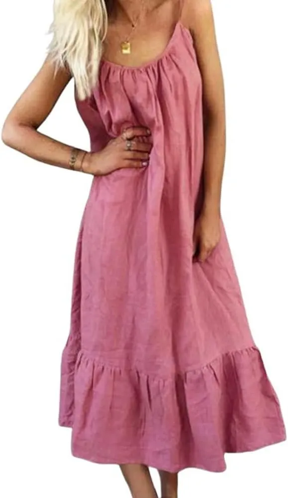 chouyatou Women's Cotton Linen Spaghetti Strap Beach Dress Casual Loose A-Line Midi Long Sundress