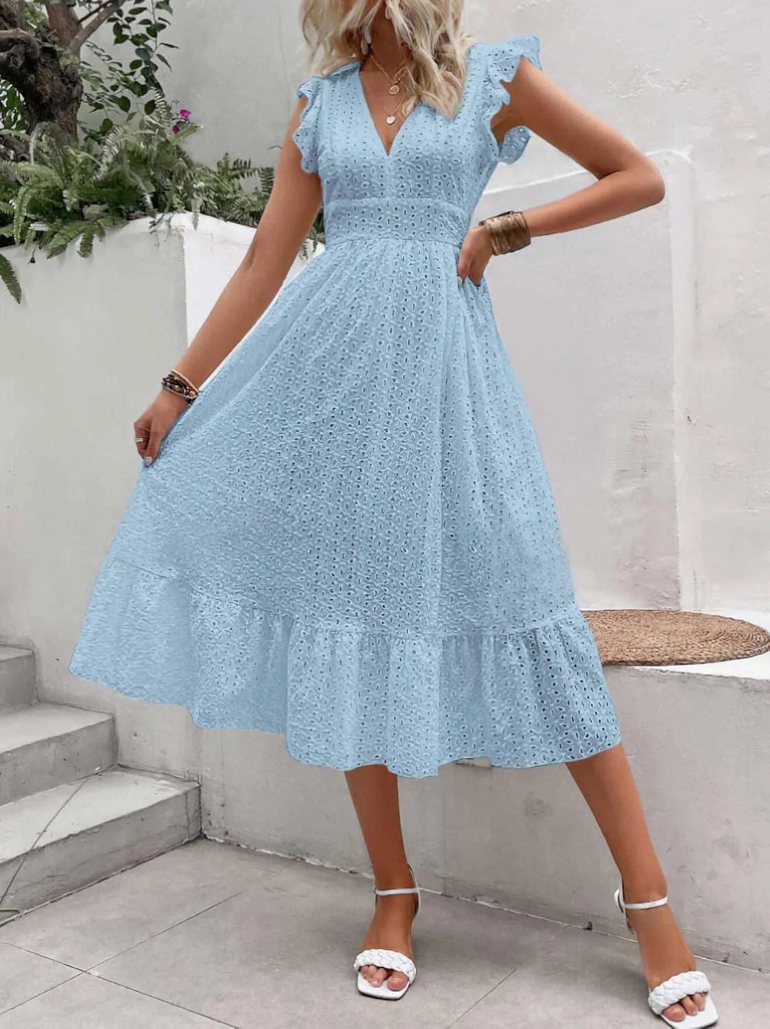 chouyatou Women's Summer Flutter Sleeve Embroidery Eyelet Lace Dress V-Neck A-Line Beach Sun Dress