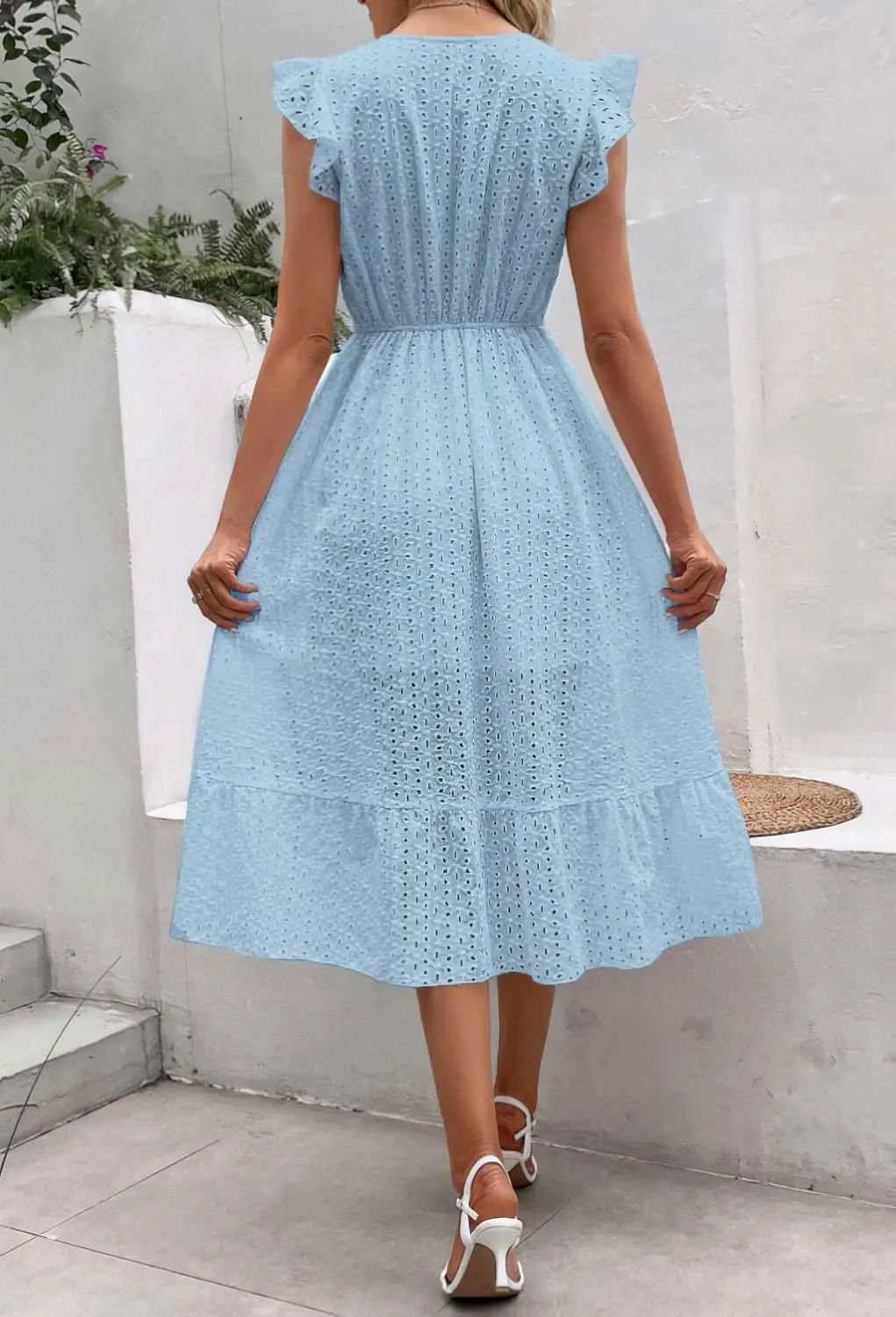 chouyatou Women's Summer Flutter Sleeve Embroidery Eyelet Lace Dress V-Neck A-Line Beach Sun Dress