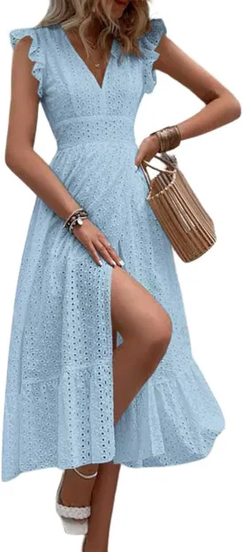 chouyatou Women's Summer Flutter Sleeve Embroidery Eyelet Lace Dress V-Neck A-Line Beach Sun Dress