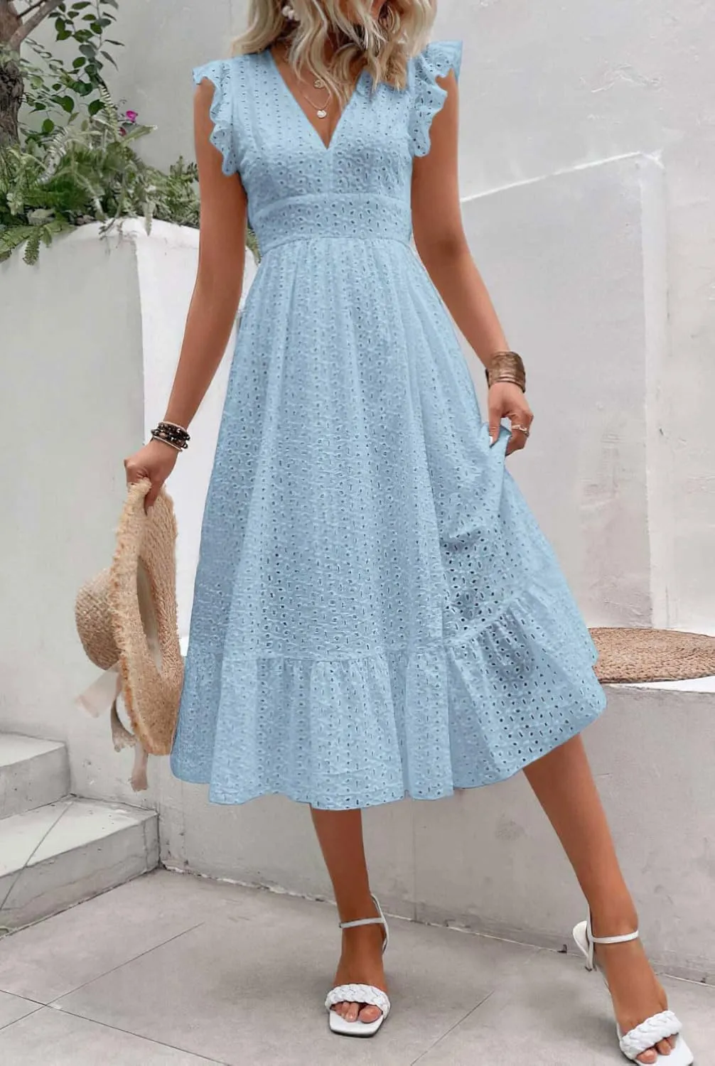 chouyatou Women's Summer Flutter Sleeve Embroidery Eyelet Lace Dress V-Neck A-Line Beach Sun Dress
