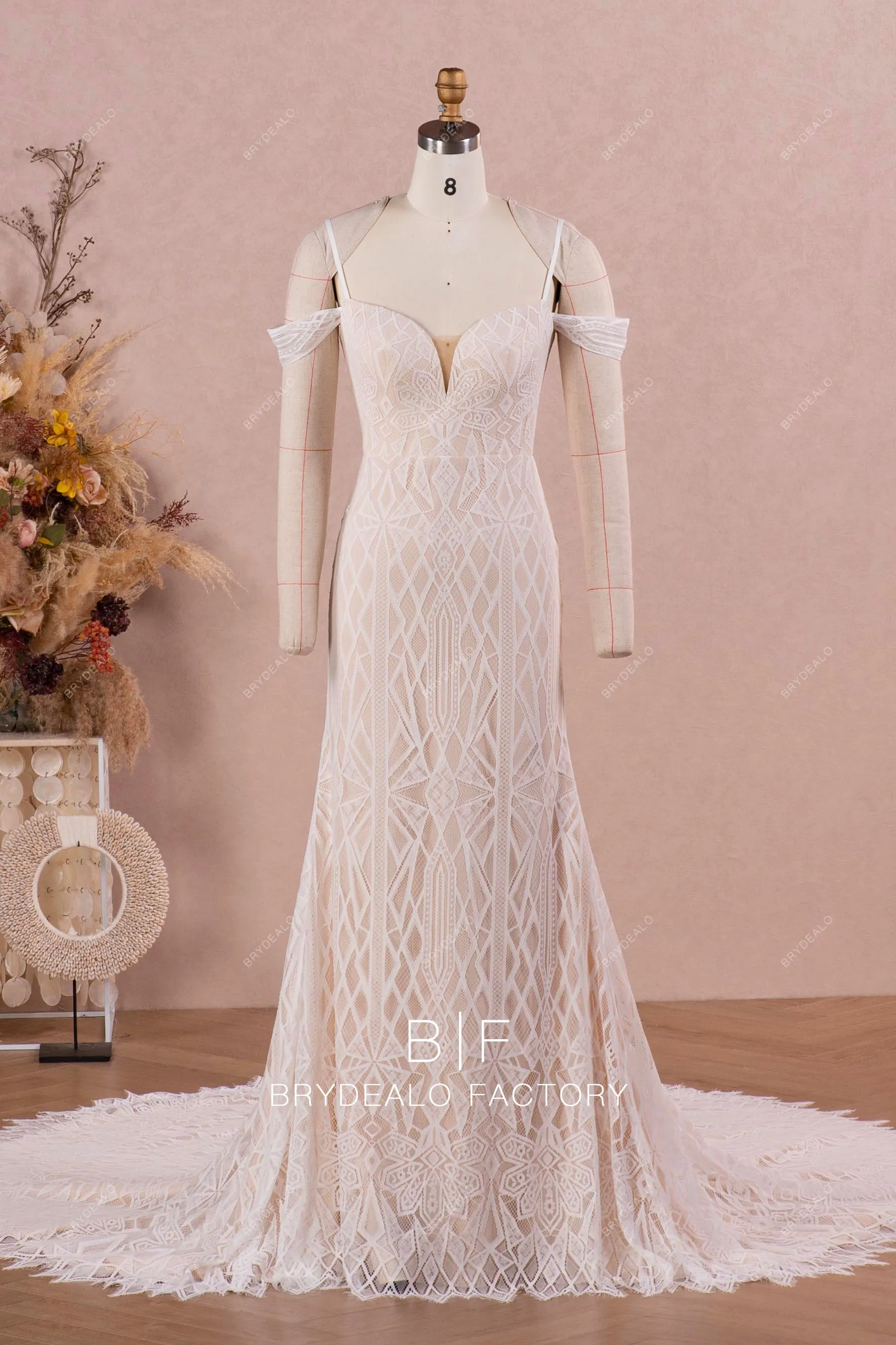 Cold Shoulder Boho Lace Long Train Mermaid Wedding Dress