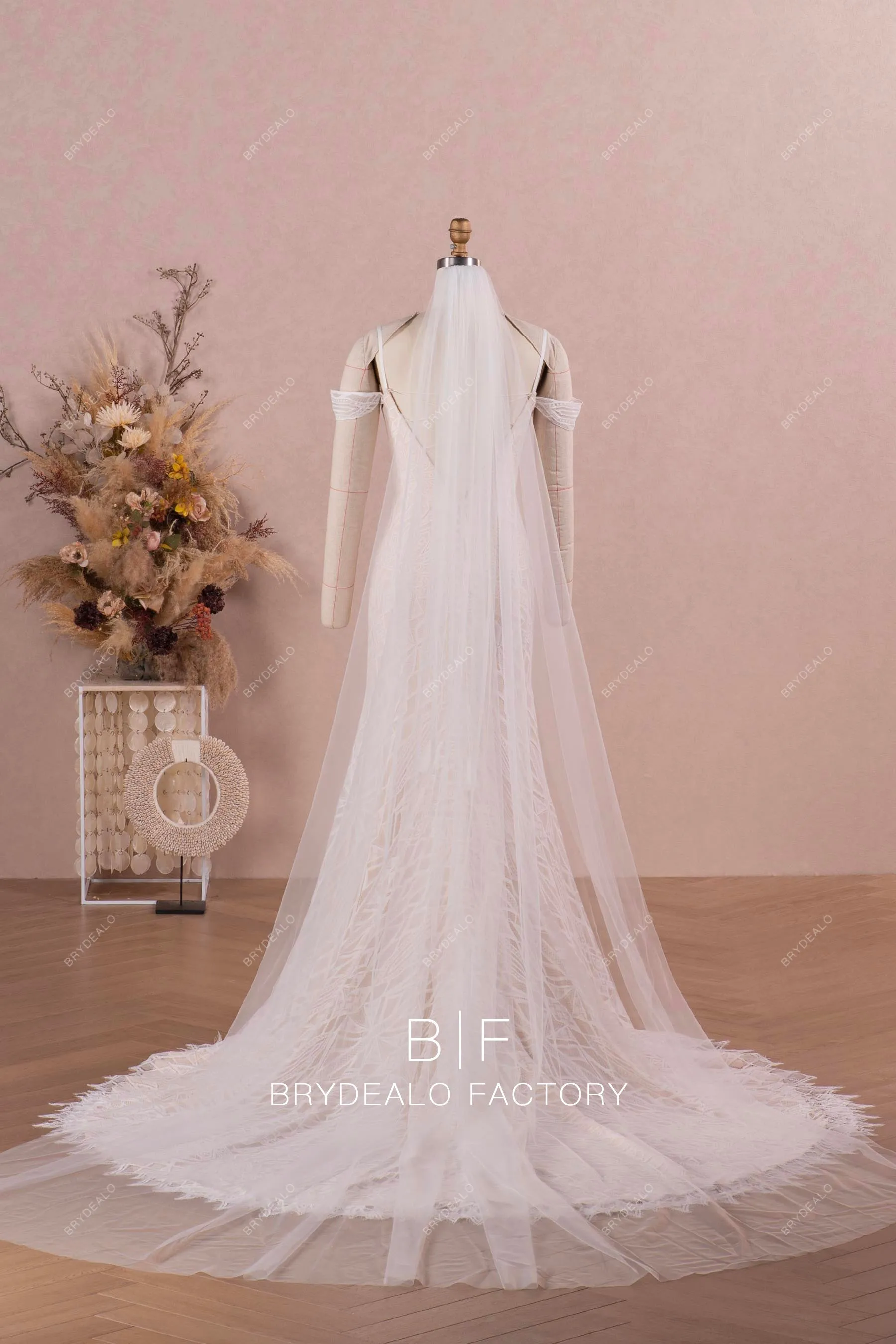 Cold Shoulder Boho Lace Long Train Mermaid Wedding Dress