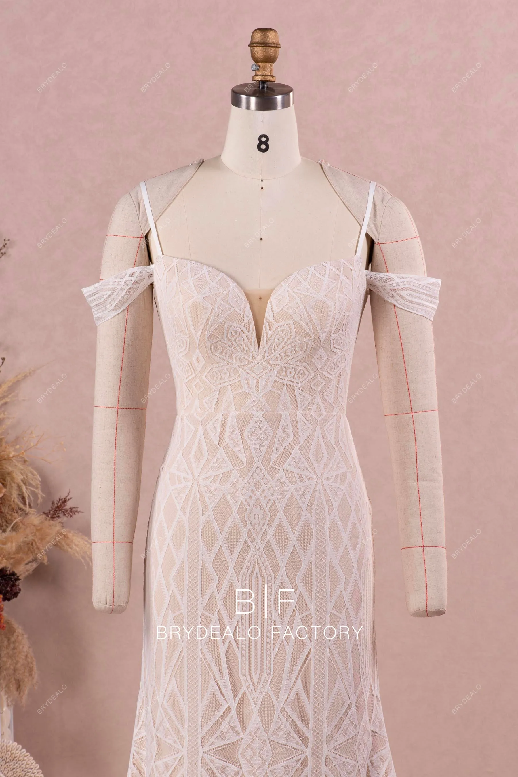 Cold Shoulder Boho Lace Long Train Mermaid Wedding Dress