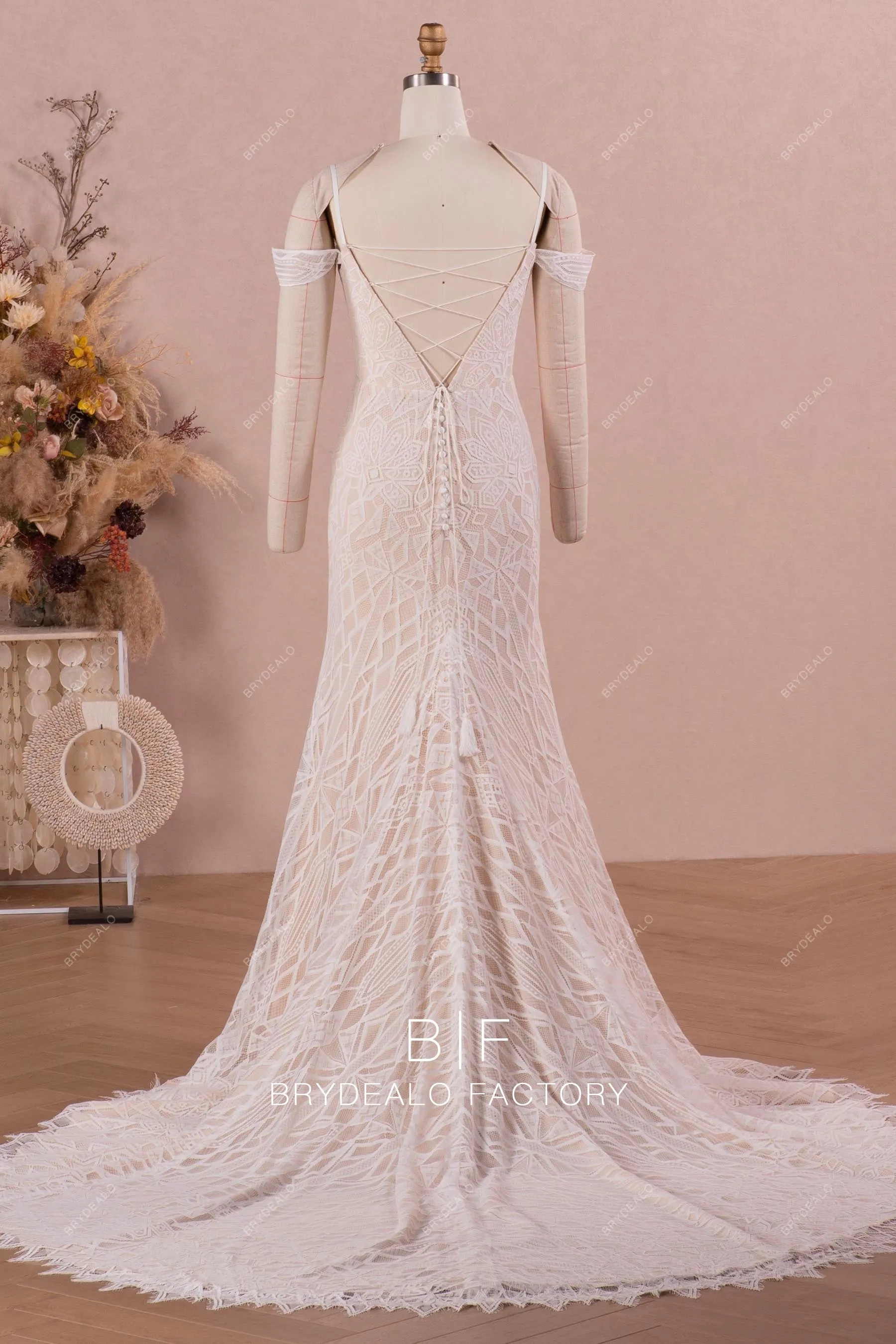 Cold Shoulder Boho Lace Long Train Mermaid Wedding Dress