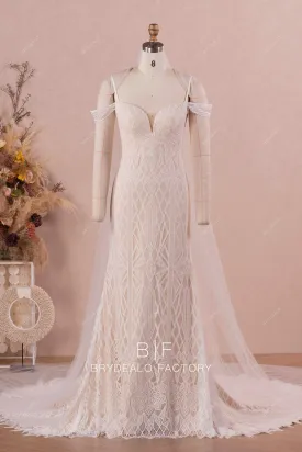 Cold Shoulder Boho Lace Long Train Mermaid Wedding Dress