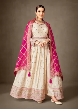 Cream & Pink Pure Silk Jacquard Slit Style Anarkali Dress