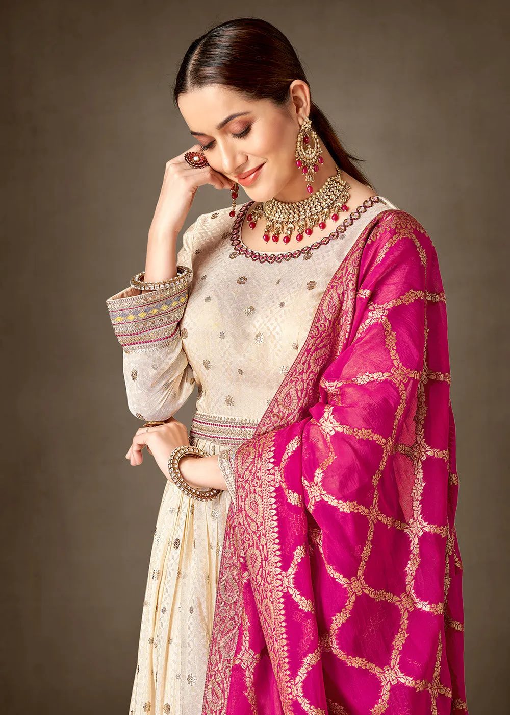 Cream & Pink Pure Silk Jacquard Slit Style Anarkali Dress