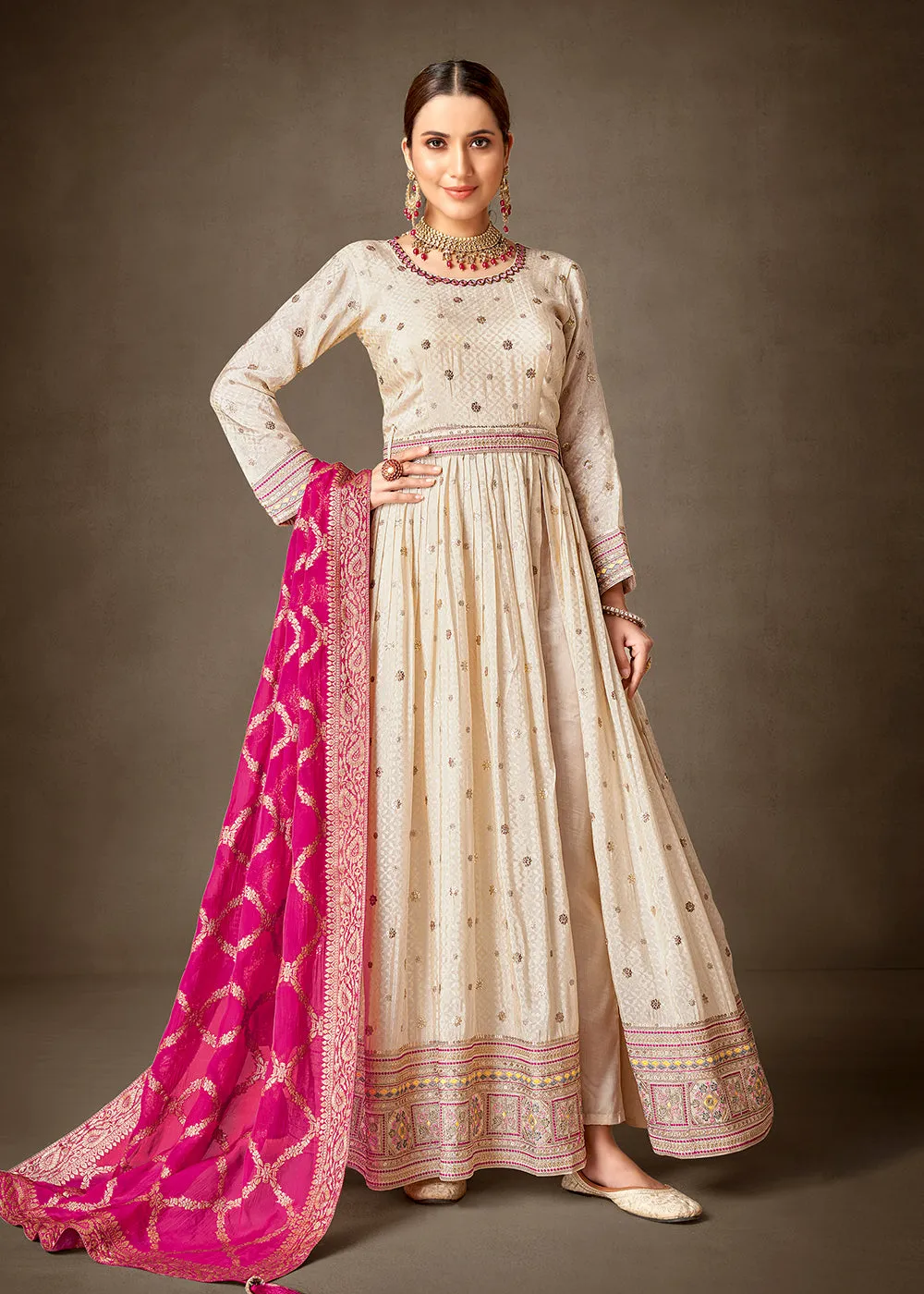 Cream & Pink Pure Silk Jacquard Slit Style Anarkali Dress
