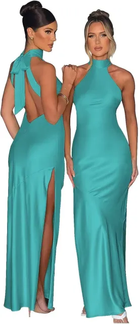 Cudiew Halter Neck Satin Bridesmaid Dresses Long Prom Dress for Women Backless Self Tie Formal Cocktail Gown with Slit