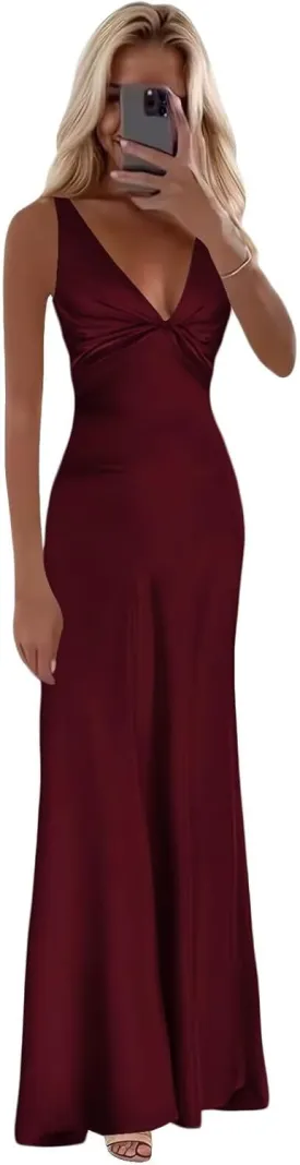 Cudiew Satin Bridesmaid Dresses Corset V Neck Prom Dresses Teens Back Self Tie Formal Evening Party Gown for Women